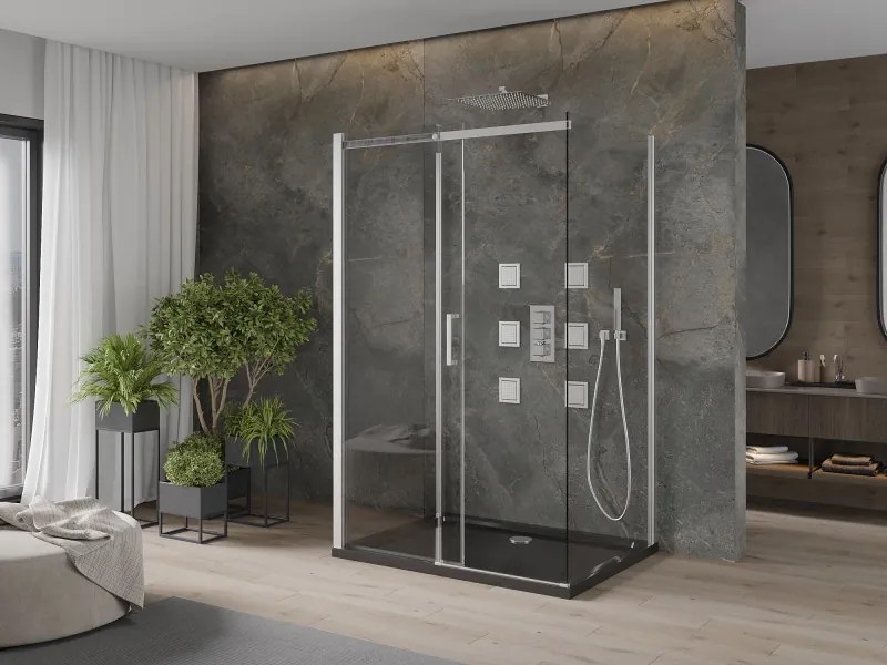Mexen Omega, 3-stenový sprchovací kút s posuvnými dverami 140 (dvere) x 100 (stena) x 190 cm, 8mm číre sklo, chrómový profil + čierna sprchová vanička SLIM, 825-140-100-01-00-3S-4070