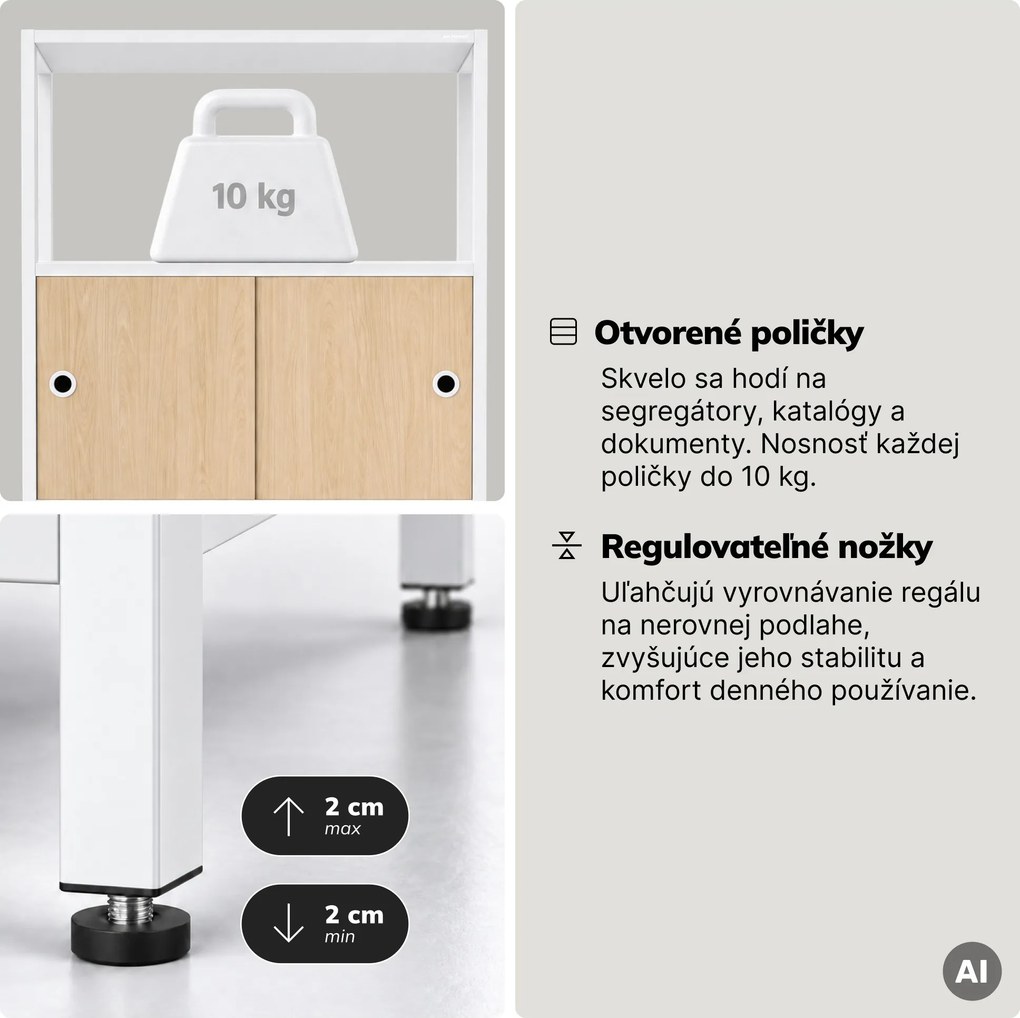 Regál na šanóny s uzamykateľnou skrinkou, kancelársky, otvorené police, kovový biely/dub sonoma, 800x2200x400 mm: ARIEL Eco Design
