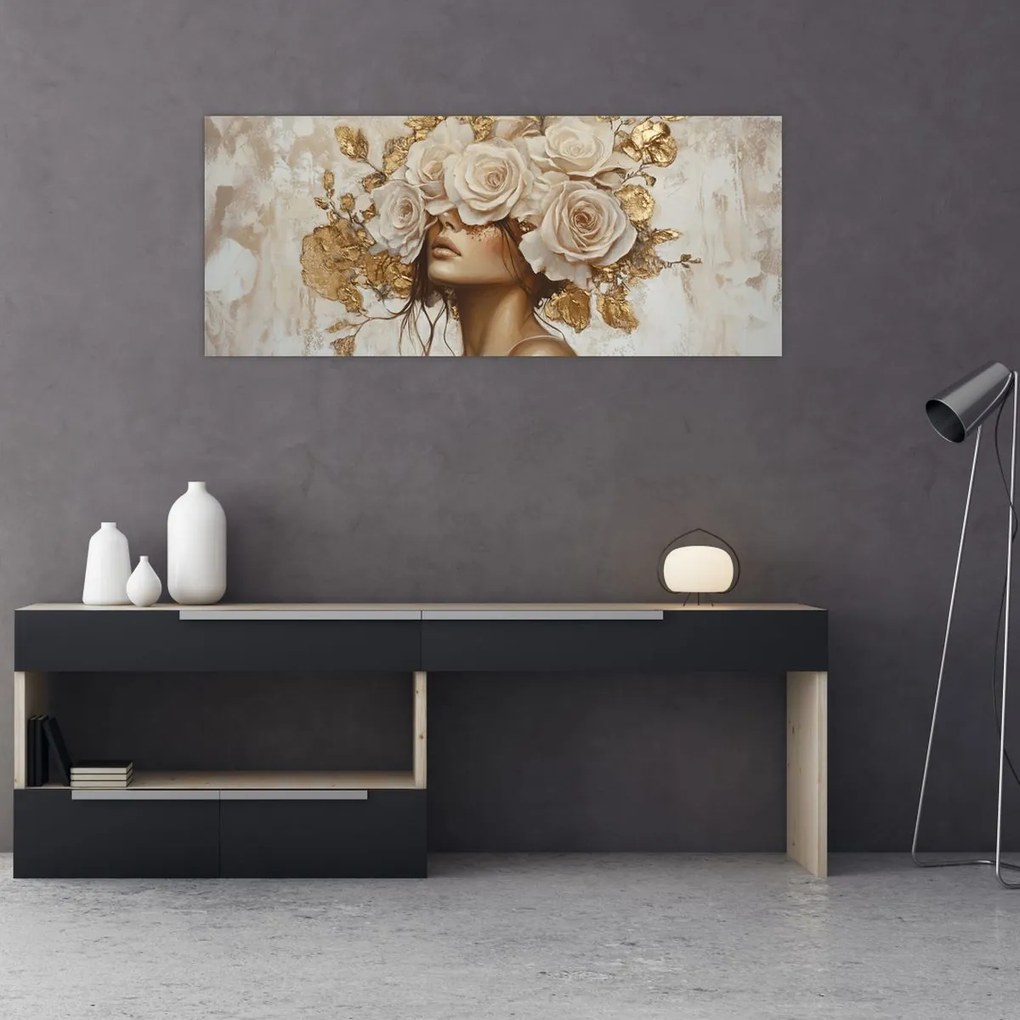 Obraz - Dievča s ružami (120x50 cm)