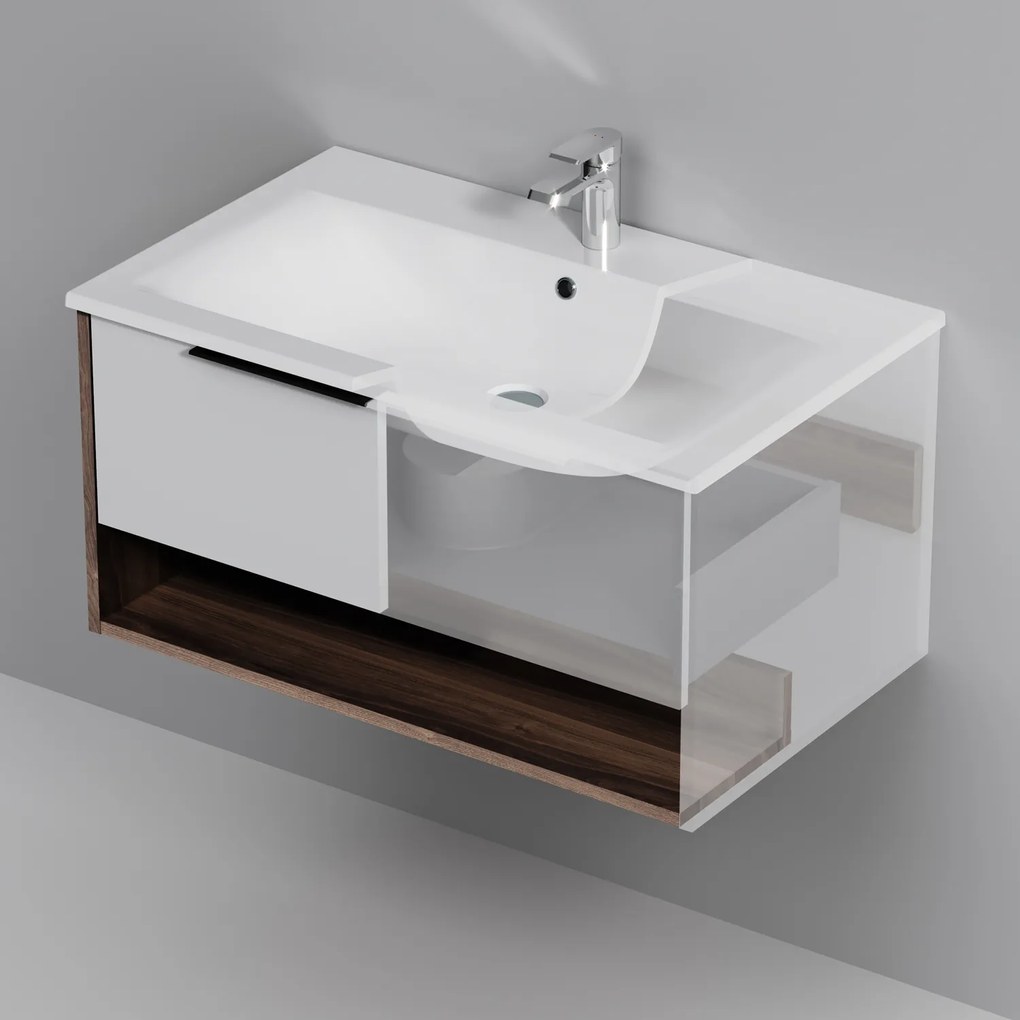 Skrinka s umývadlom 80 AM.PM Flash MNAFHX0801WG závesná, 2 zásuvky, lesklá biela