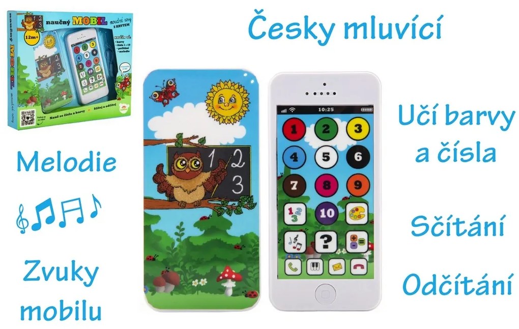 Náučný mobilný telefón múdrej sovy s krytom, plast, na batérie so zvukom, 22x18x3,5 cm 12m+