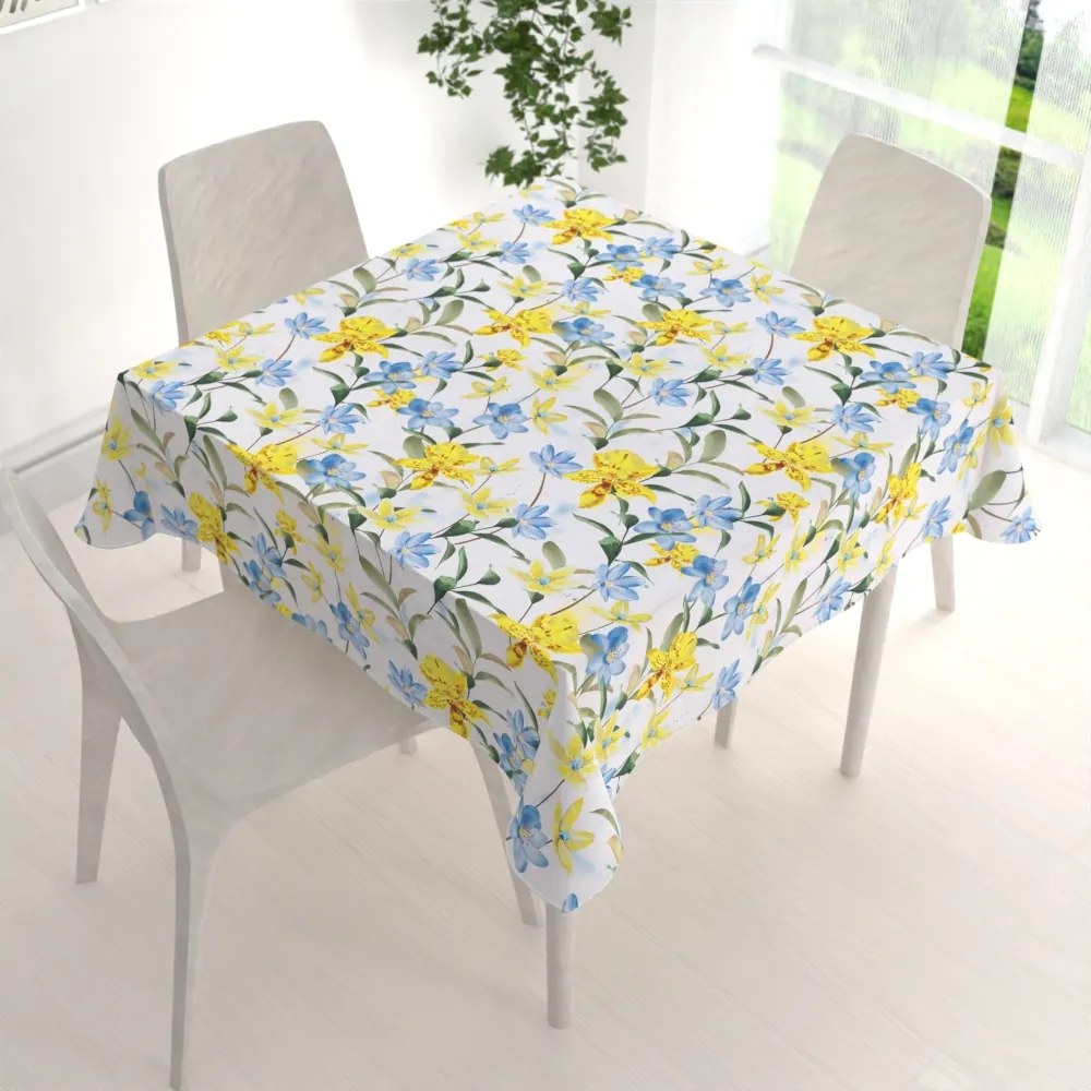 Biante Teflónový štvorcový obrus TF-081 Žlto-modré ľalie na bielom 120x120 cm