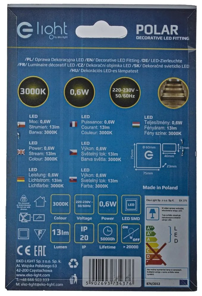 Schodiskové LED svietidlo Polar, 1x LED 0,6w, 3000k, s