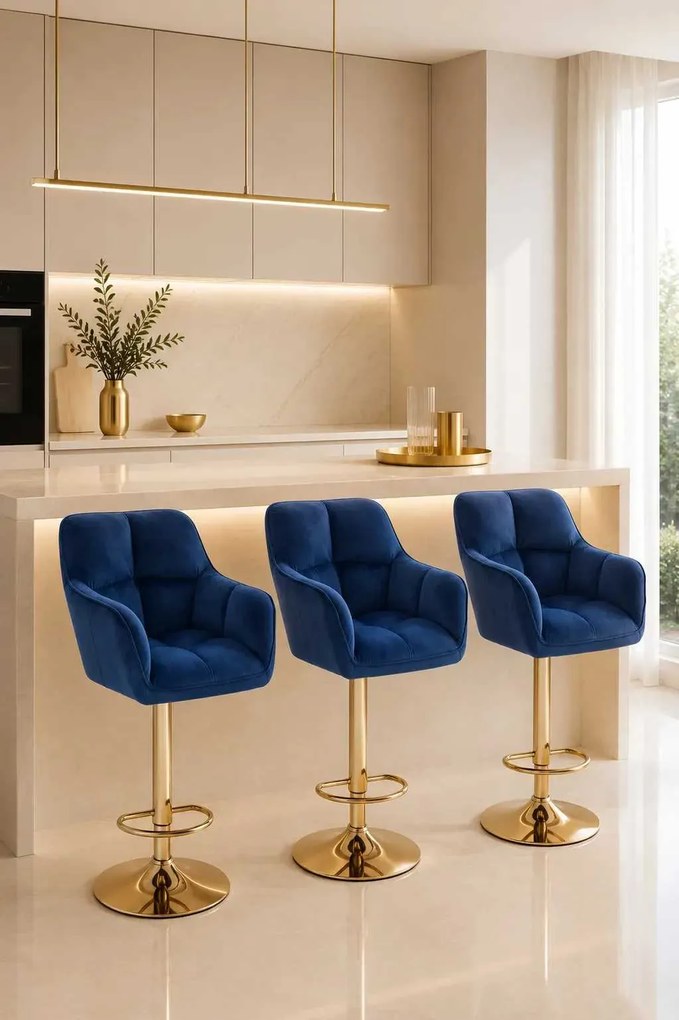 LuxuryForm DESIGN Barová stolička AMALFI VELUR na zlatom tanieri - modrá