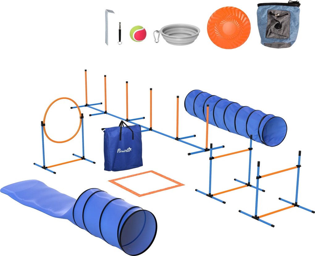 PawHut 11-dielny agility set pre psov — nastaviteľné skoky, 2 tunely, kruh, slalomové tyče a prenosná taška | Aosom