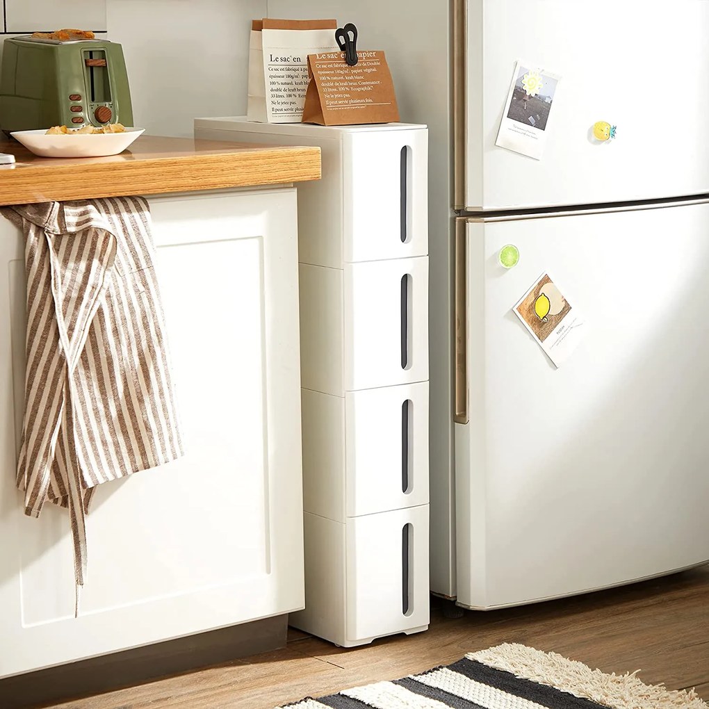 Úzky úložný vozík so 4 zásuvkami, 45 x 17 x 83 cm, biela a sivá farba