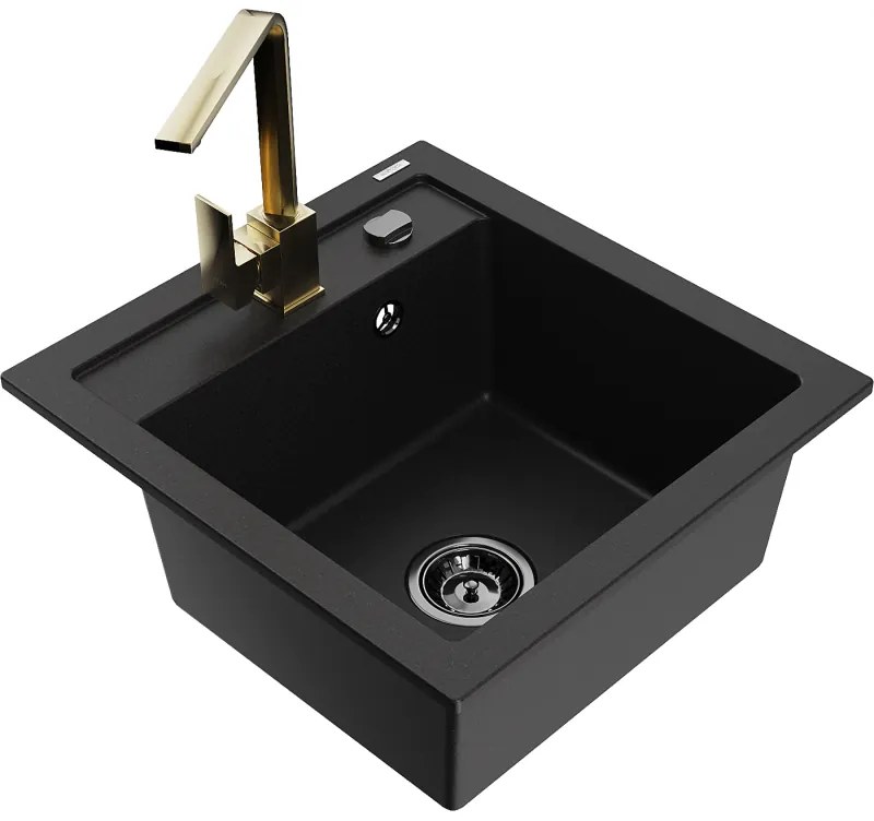Mexen Vito, 1-komorový granitový drez 520x490x210 mm, zlatá batéria Rita, čierna, 6503-77-670300-50-B