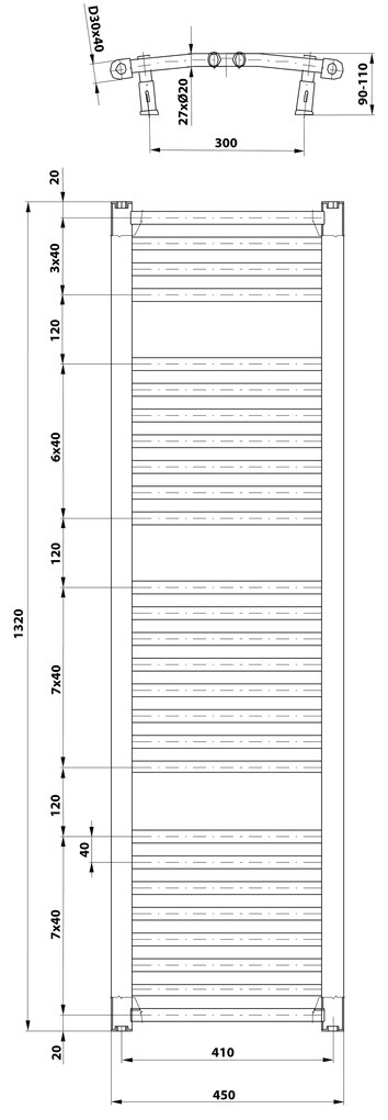 Aqualine Aqualine, ORBIT vykurovacie teleso s bočným pripojením 450x1320 mm, 594 W, biela, ILO34T