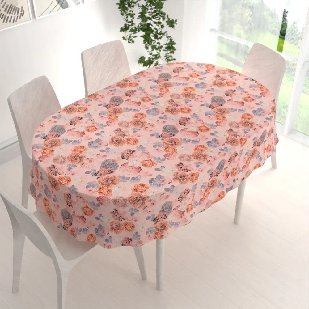 Biante Teflónový oválny obrus TF-062 Ruže na lososovo ružovom 140x220 cm