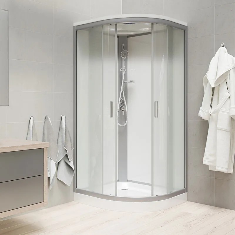 Mereo Mereo, Sprchový box, štvrťkruh, so strieškou, s vaničkou, satin ALU, sklo Point, zadne steny biele, MER-CK35172KBSW