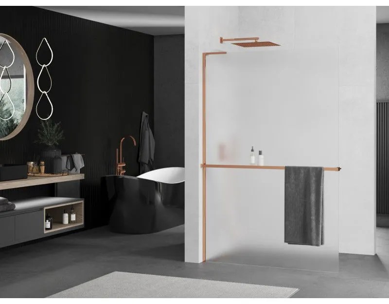Mexen Kioto+ L, sprchová zástena Walk-In s poličkou a vešiakom 70 x 200 cm, 8mm sklo námraza, ružové zlato profil, 800-070-123-60-30