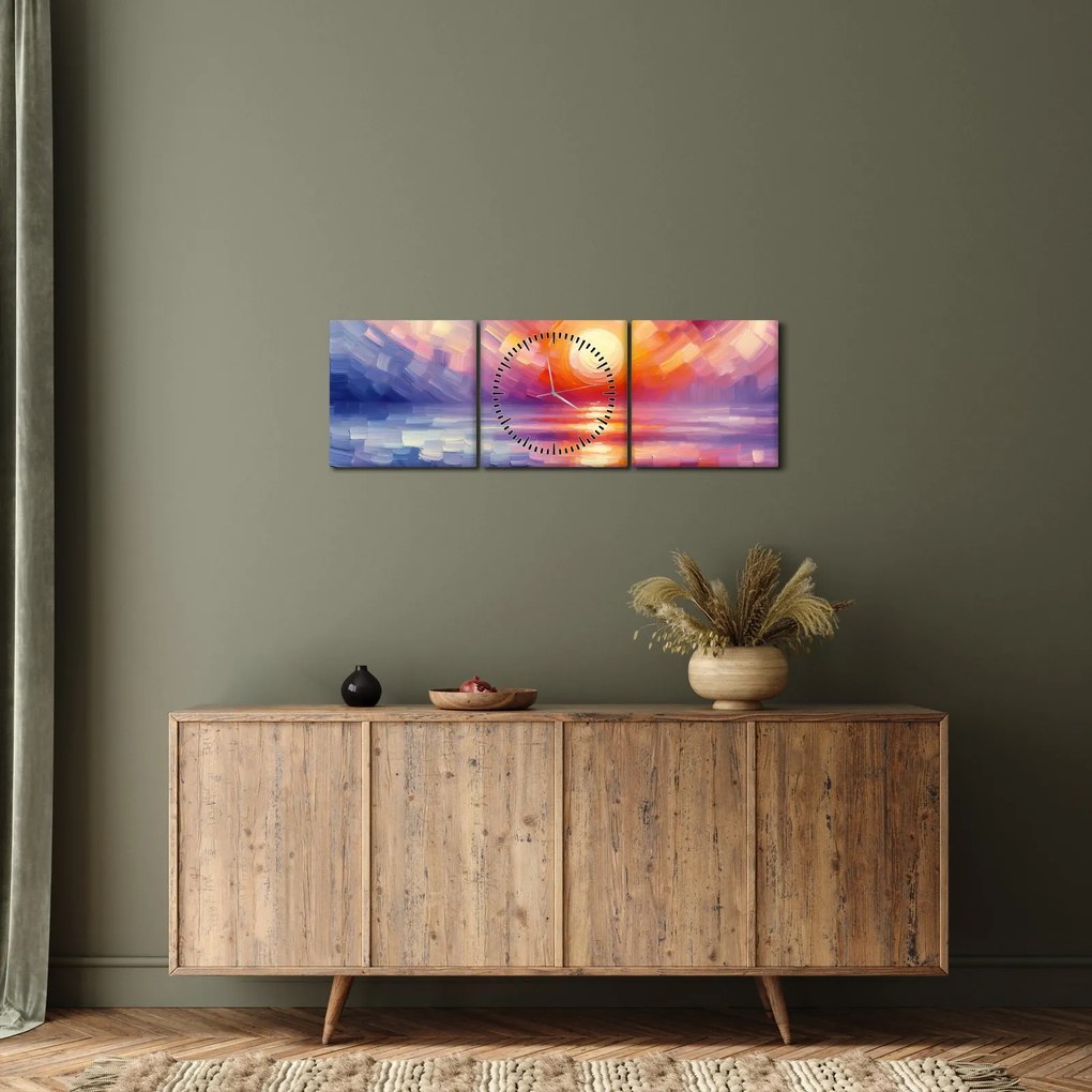 Obraz - Farebný umelecký západ slnka (s hodinami) (90x30 cm)
