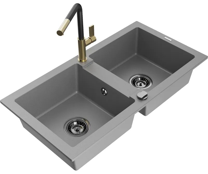 Mexen Mario, 2-komorový granitový drez 820x436x161 mm a drezová batéria Flora, šedá, 6504-71-670401-57-B