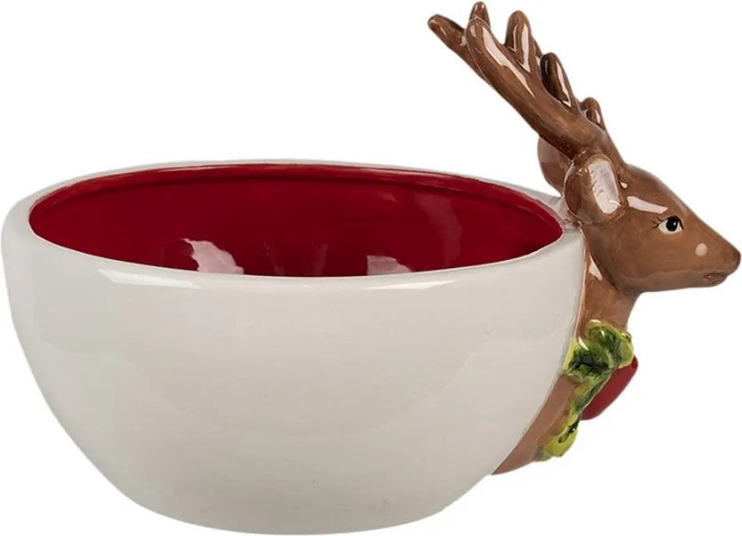 Dekoratívna bieločervená keramická miska s jeleňom Deer - 21*16*7 / 14 cm / 700 ml
