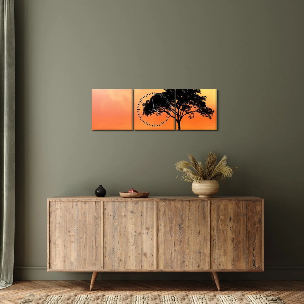 Obraz stromu pri západe slnka (s hodinami) (90x30 cm)
