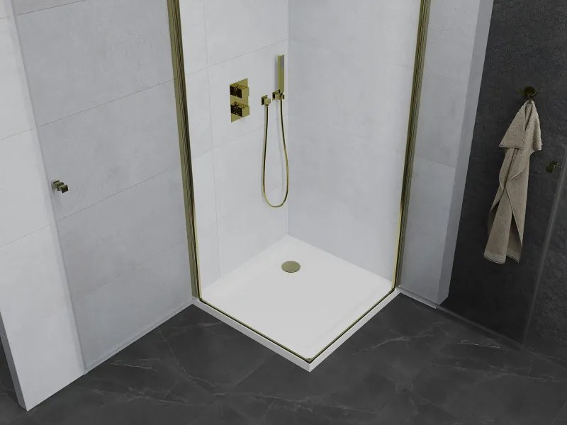 Mexen Pretoria Duo, sprchovací kút s 2-krídlovými dverami 90 (dvere) x 90 (dvere) cm, 6mm číre sklo, zlatý profil + slim sprchová vanička 5cm biela so zlatým sifónom, 852-090-090-50-02-4010G