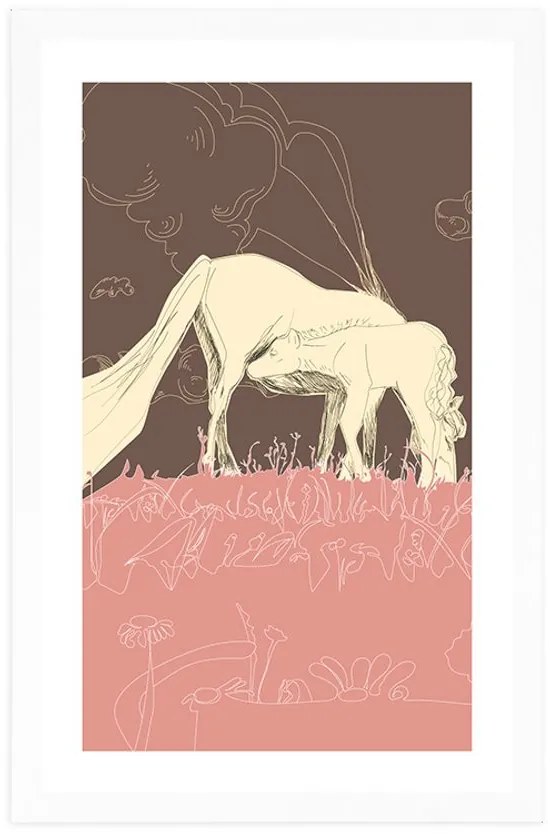 Plagát s paspartou kôň na ružovej lúke - 40x60 black