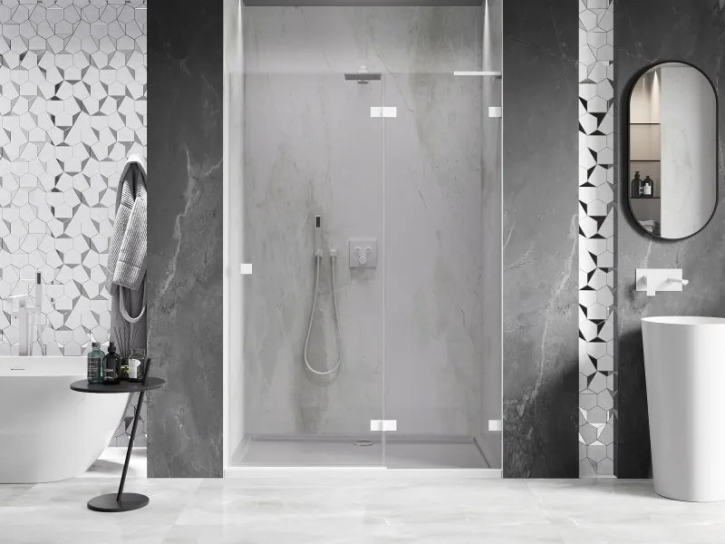 Mexen Lunar L, pravé otočné sprchové dvere 135 cm, 8mm číre sklo, biely profil, 834L-135-000-20-00-P