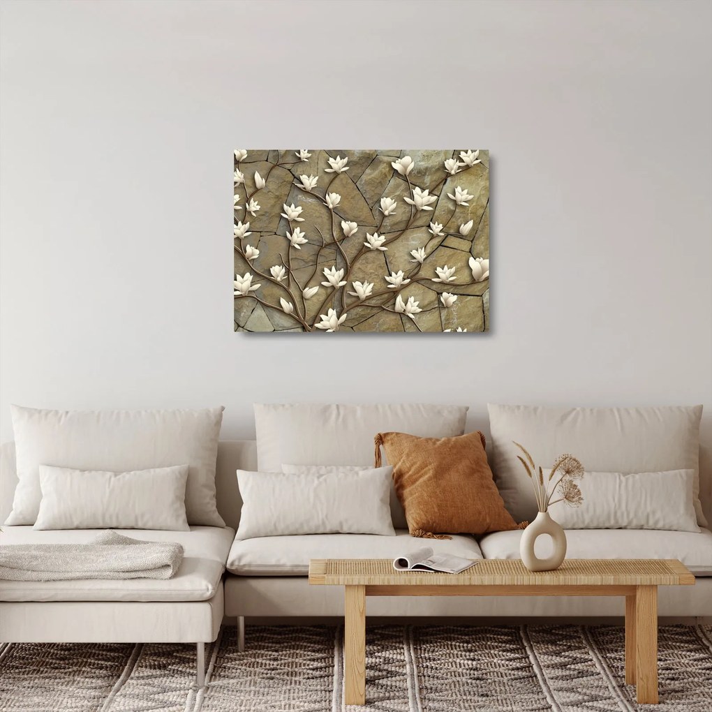 Sklenený obraz - Biele magnólie na kamennom murive (70x50 cm)