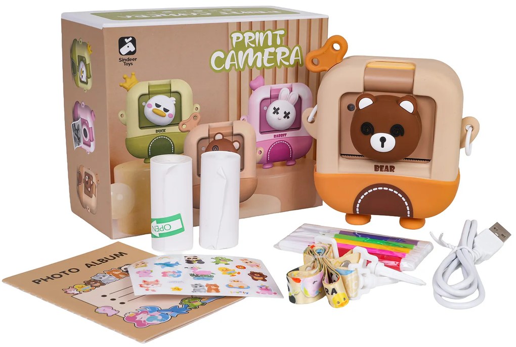 Detský fotoaparát s tlačiarňou – Medveď alebo Kačka + fixky a nálepky Tvar: Kačka