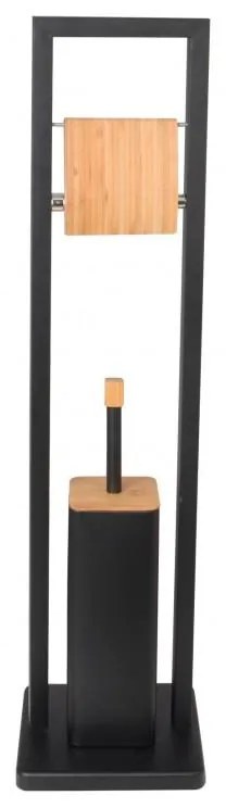 Držiak toaletného papiera s WC štetkou - čierny s bambusovým krytom