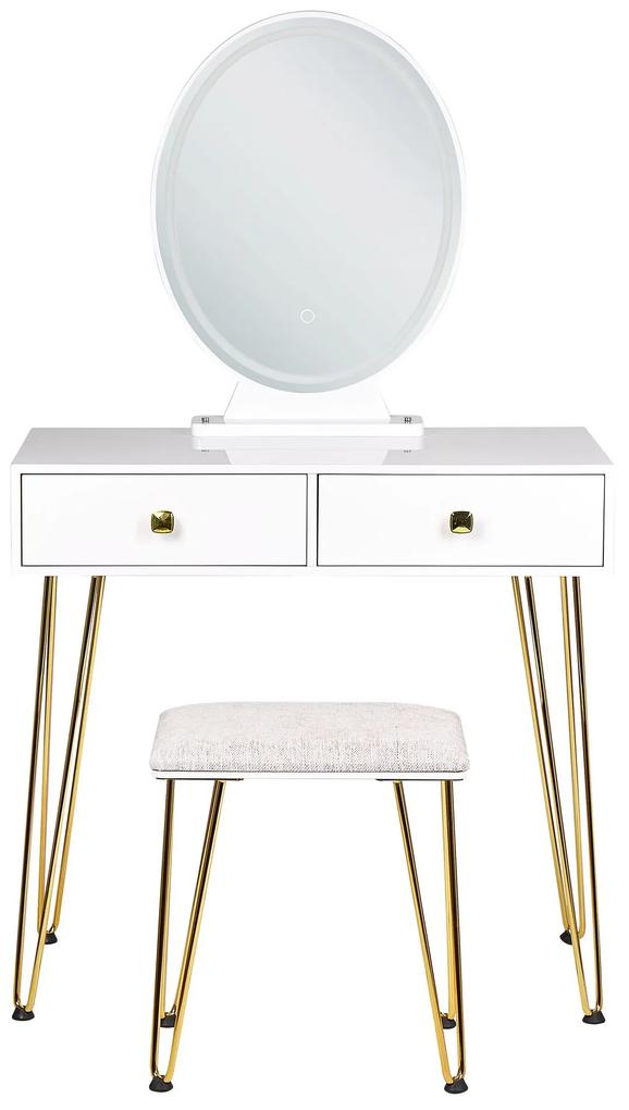 Toaletný stolík s 2 zásuvkami a LED zrkadlom biela/zlatá CAEN Beliani