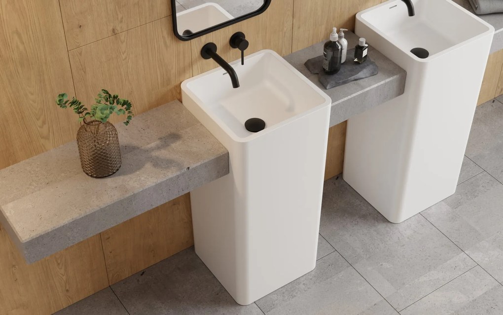 Besco Voľne stojace umývadlo z liateho mramoru Aygo Matt UM VS 40x40 cm BESCO-Typ výpuste: Click-Clack so štrbinovým prepadom, biela