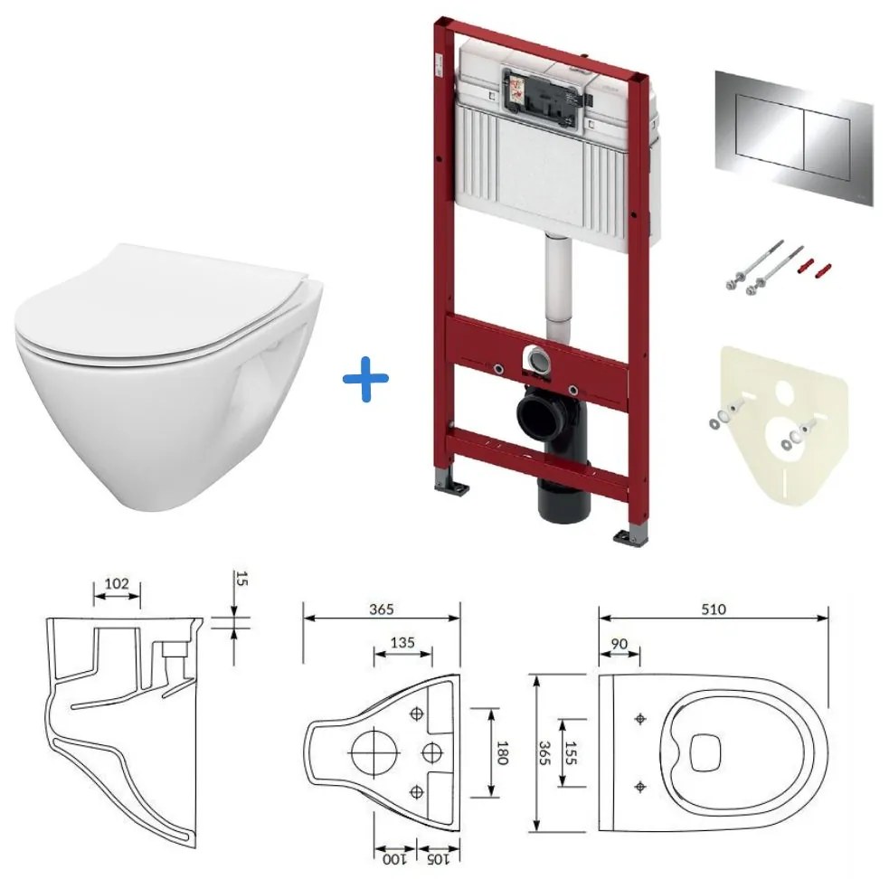 Tece Mille, sada závesné WC Cersanit Mille CleanOn 51x36,5x36,5 cm + inštalačný modul pod omietku Tece, TEC-9400412-S701-430