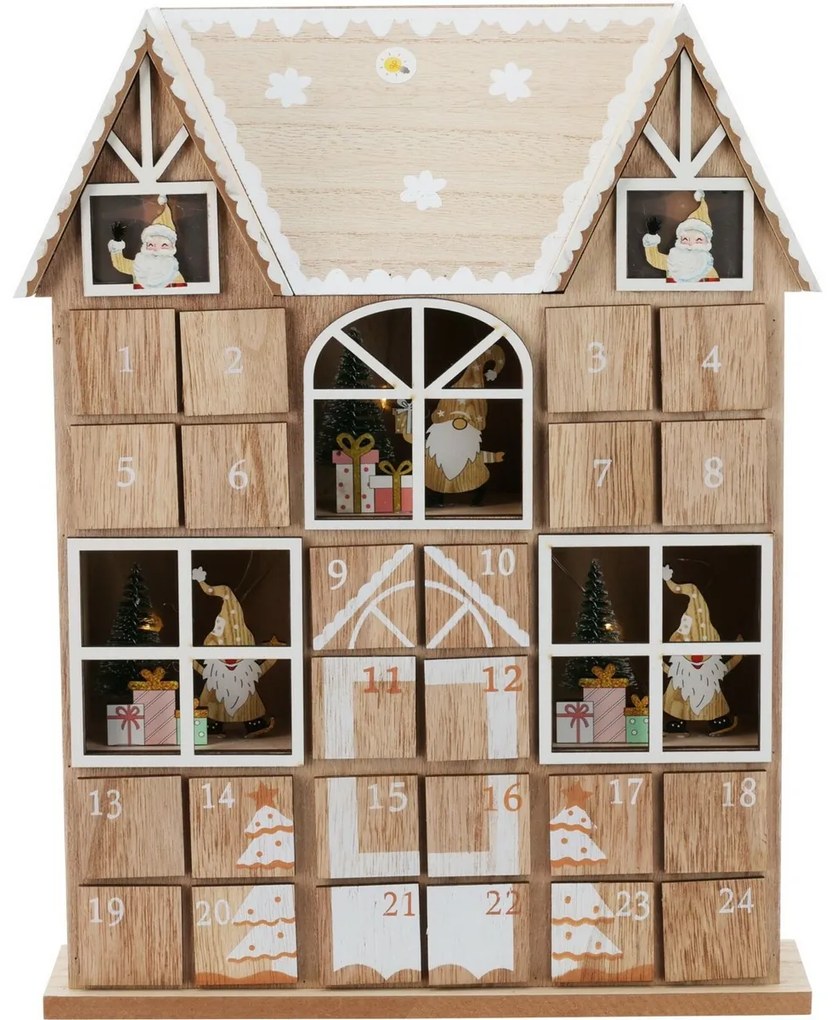 Adventný kalendár s LED svetielkami Santa´s house hnedá, 29 x 7 x 37 cm