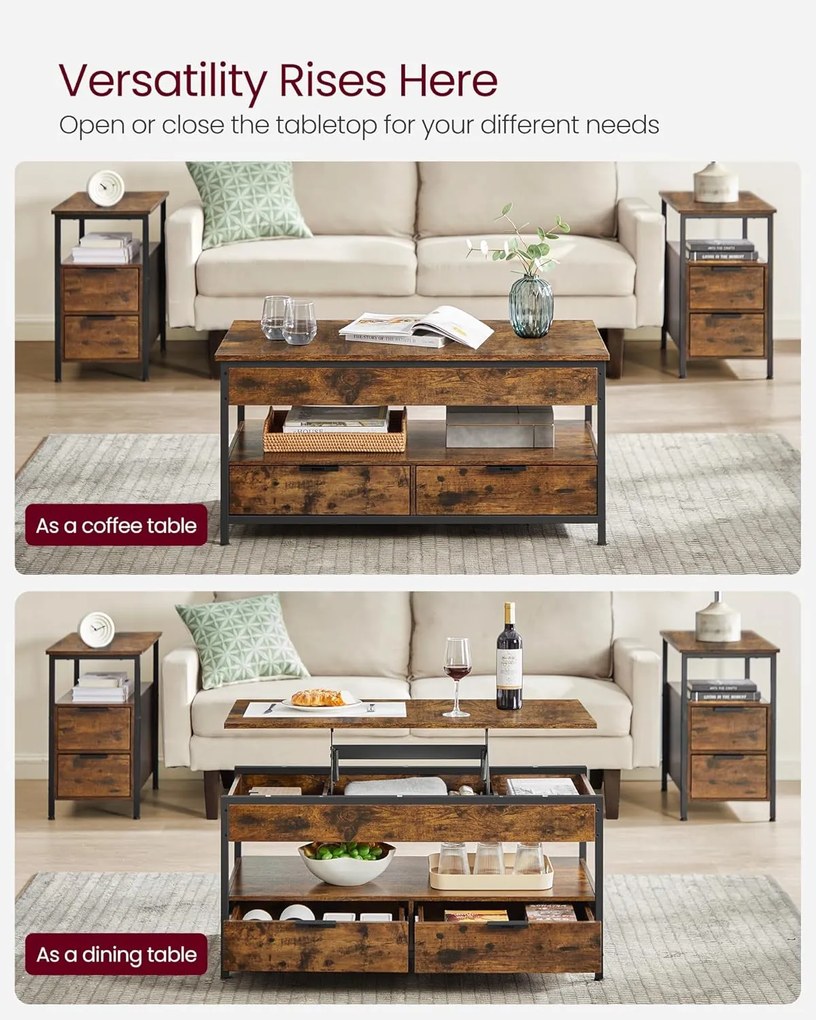 VASAGLE konferenčný stolík s otváracou doskou, v rustikálnej hnedej a atramentovo čiernej farbe