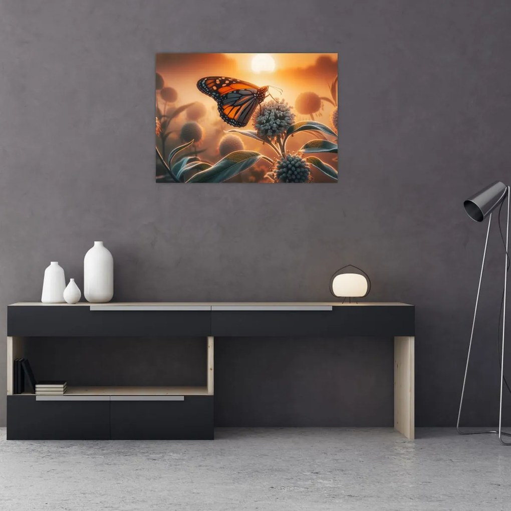 Obraz – Motýľ v zapadajúcom slnku (70x50 cm)