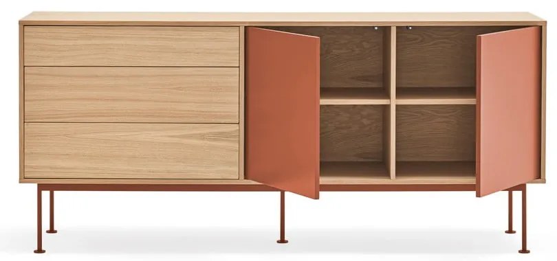 Tehlovočervená komoda v dubovom dekore Teulat Yoko, šírka 180 cm