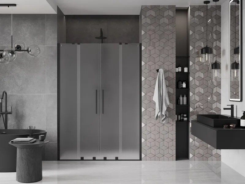 Mexen Velar Duo, posuvné sprchové dvere do otvoru 160 cm, 8mm sklo námraza, čierna matná, 871-160-000-32-70