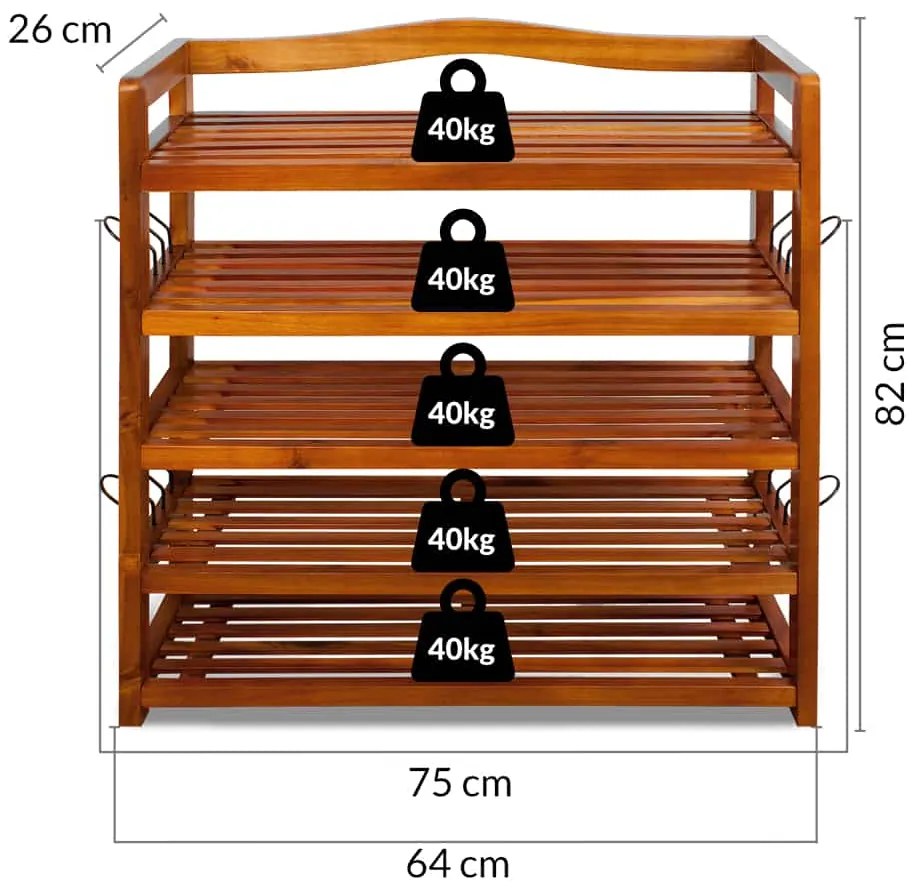 Casaria Regál na topánky RUSTIC, 5políc, 75x26x82cm, prírodná hnedá