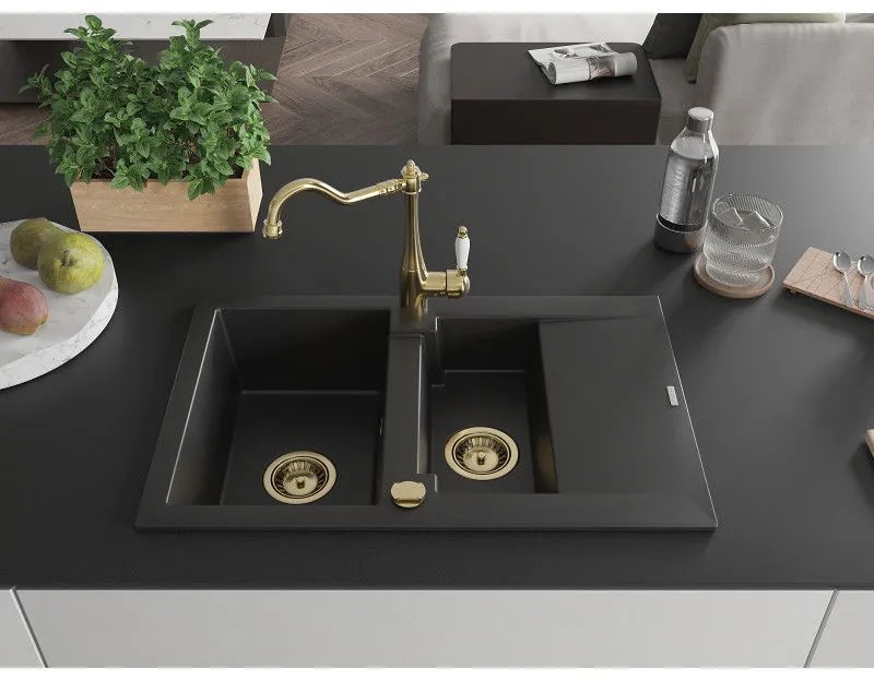 Mexen Gaspar, granitový drez 752x436x161 mm, 1,5-komorový a drezová batéria Carla, čierna, 6507-77-670700-50