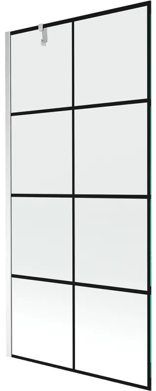 Mexen Next, vaňová zástena 1-krídlová 100 x 150 cm, fixné krídlo, 6 mm číre sklo s čiernym vzorom, chrómový profil, 895-100-000-00-77-01