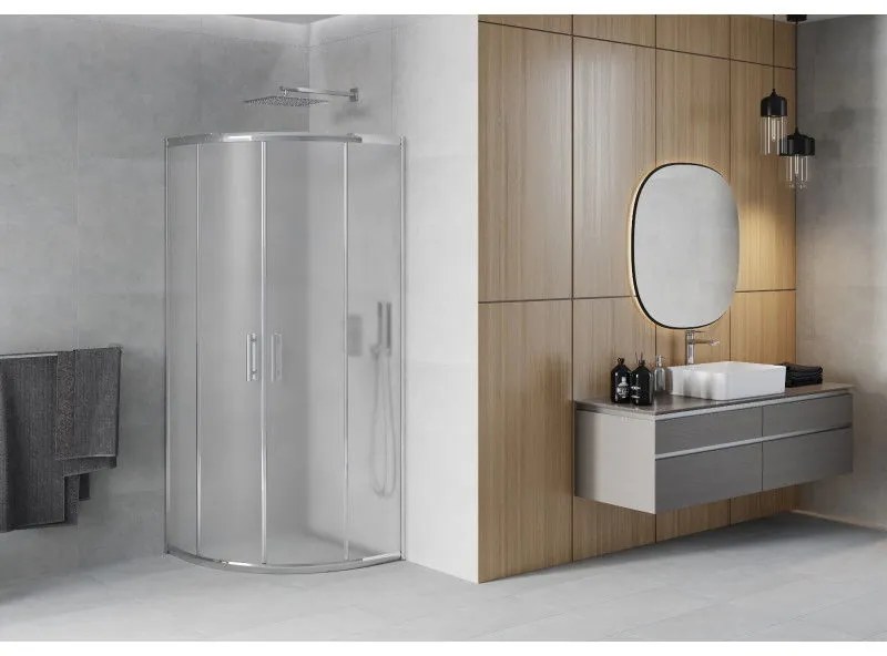 Mexen Rio, štvrťkruhový sprchovací kút s posuvnými dverami 70(dvere) x 70(dvere) x 190 cm, 6mm sklo námraza, chrómový profil, 863-070-070-01-30