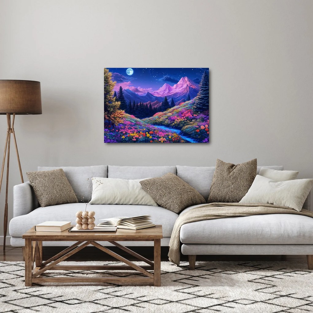 Obraz - Fialová krajina pri úplnku (70x50 cm)