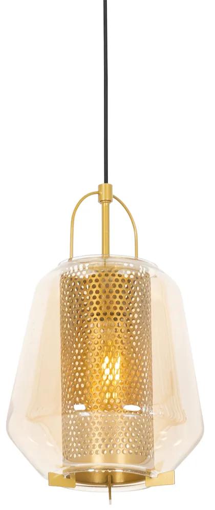 Art deco závesná lampa zlatá s jantárovým sklom 23 cm - Kevin