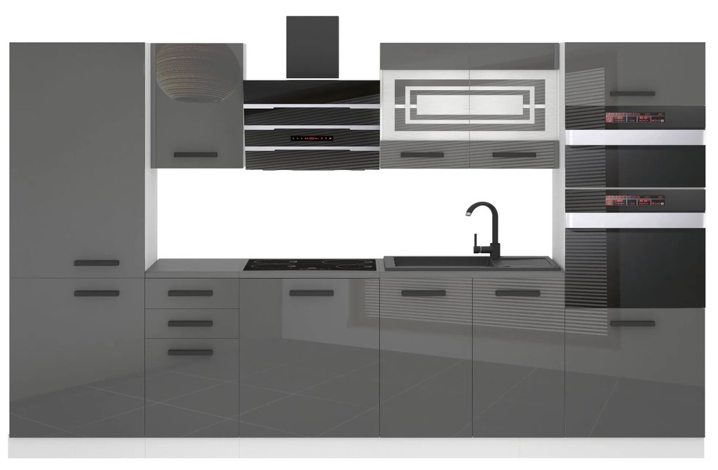 Kuchynská linka Belini Premium Full Version 300 cm šedý lesk s pracovnou doskou MILA