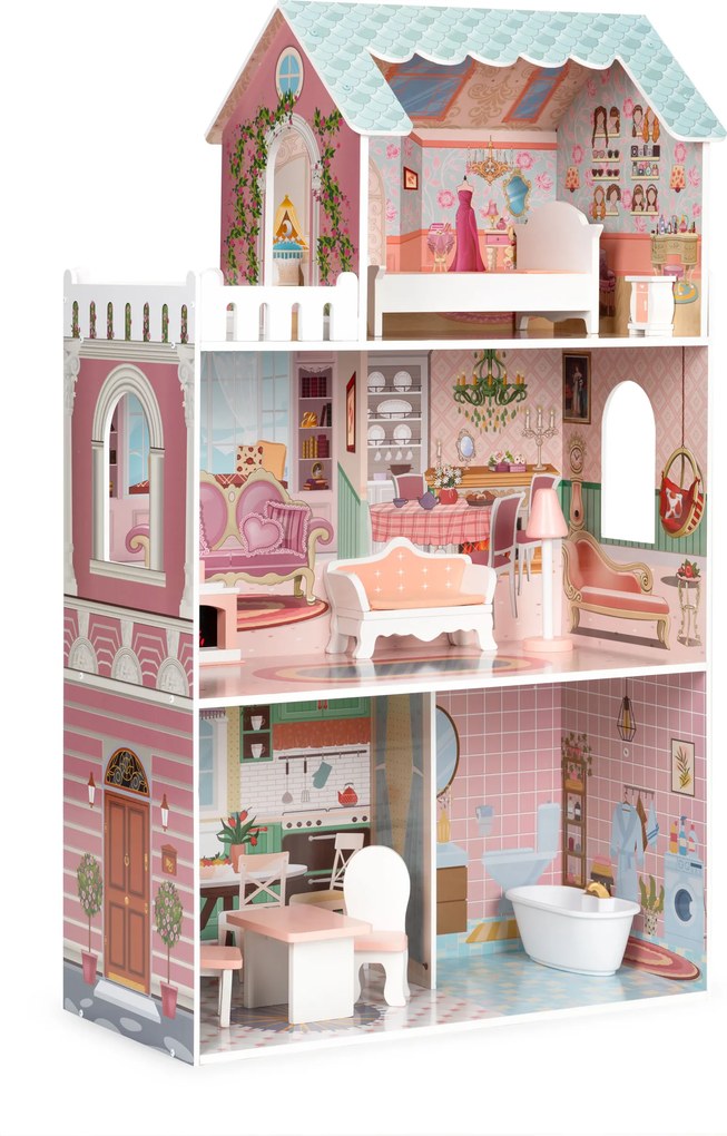 Veľký drevený domček pre bábiky ECOTOYS – 3 poschodia, 9 dielikov nábytku (pre Barbie)