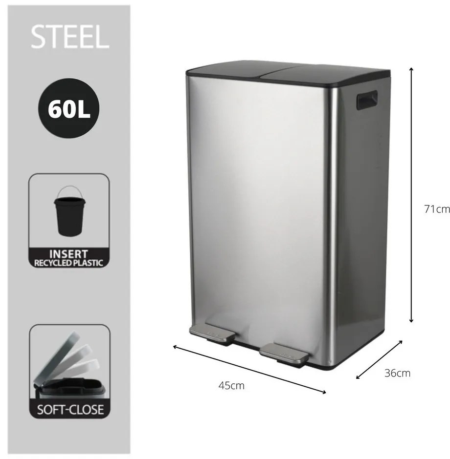 Oceľový odpadkový kôš 2x30 l na triedený odpad/nášľapný v matne striebornej farbe Aliya – Spirella