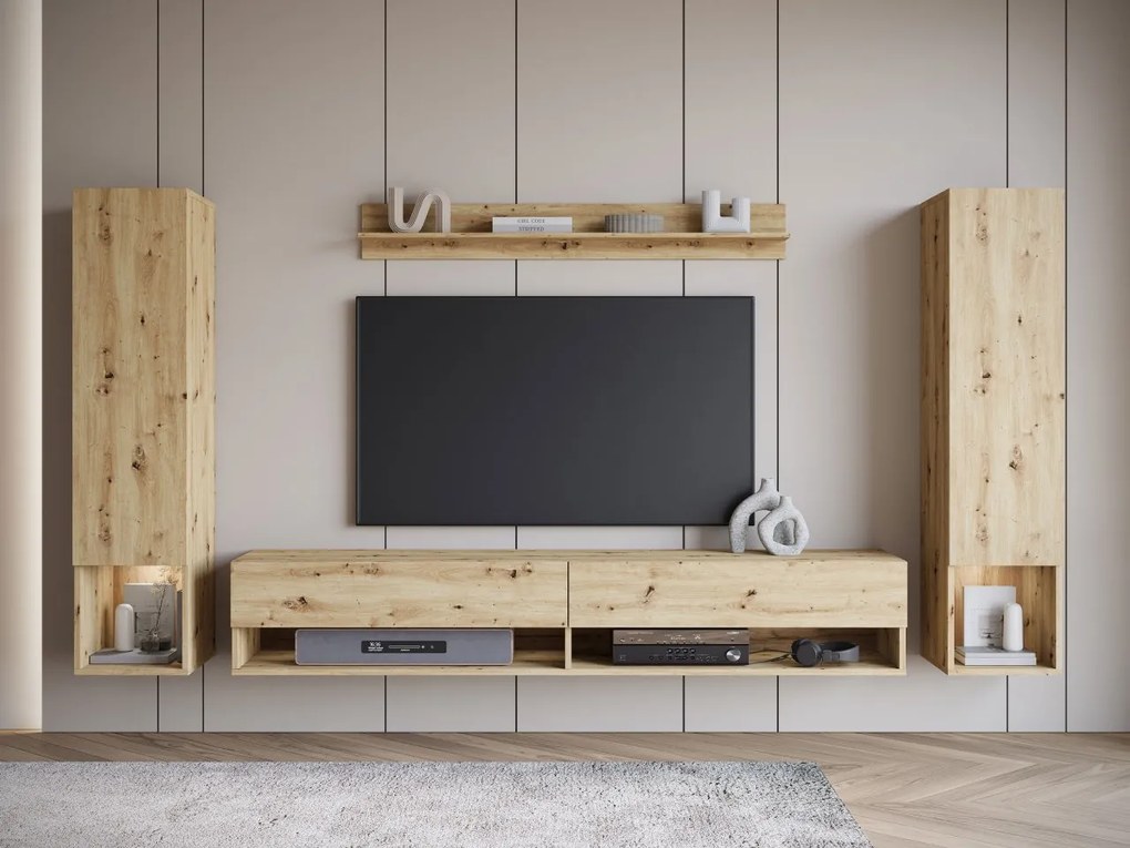 Obývacia stena Wikez II, Farby: dub artisan, Osvetlenie: osvetlenie LED biele
