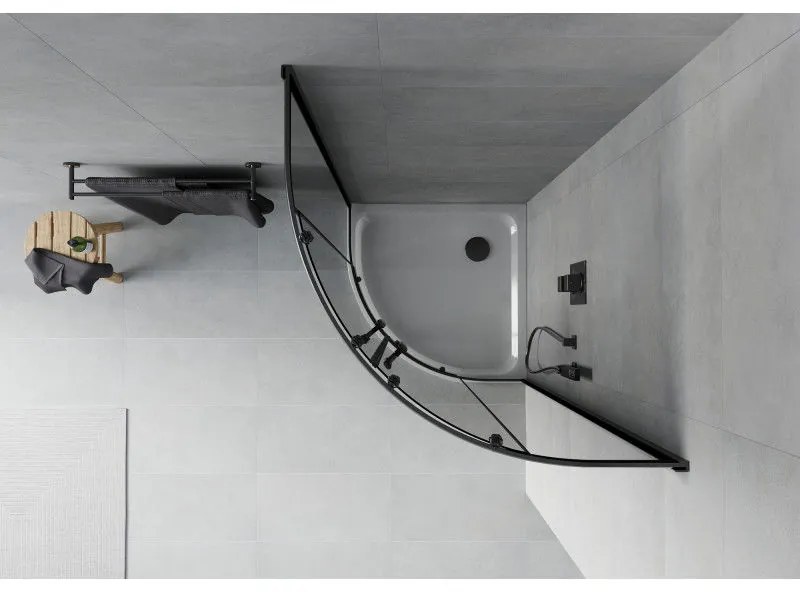 Mexen Rio, štvrťkruhový sprchovací kút s posuvnými dverami 80(dvere) x 80(dvere) x 190 cm, 6mm šedé sklo, čierny profil + biela sprchová vanička SLIM, 863-080-080-70-40-4110B