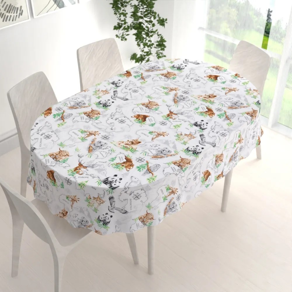 Biante Bavlnený oválny obrus Sandra SA-546 Zvieratá sveta na bielom 60x100 cm