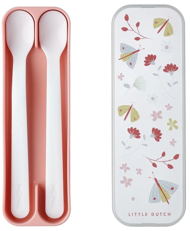 Plastové detské lyžičky v bielej a svetloružovej farbe v súprave 2 ks Flowers & butterflies – Mepal