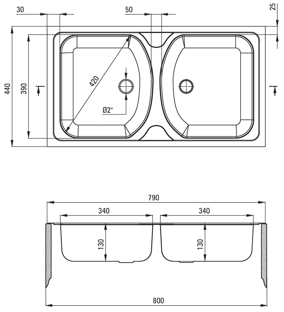 Deante Techno, nerezový drez na dosku 2-komorový B/O 790x440x130 2" + sifón, vzor dekor, ZMU_3200