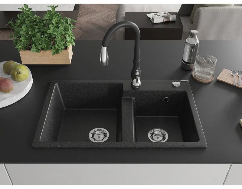 Mexen Tomas, granitový drez 800x500x190 mm, 2-komorový a drezová batéria Savita, čierna-strieborná metalíza, 6516-73-672601-70