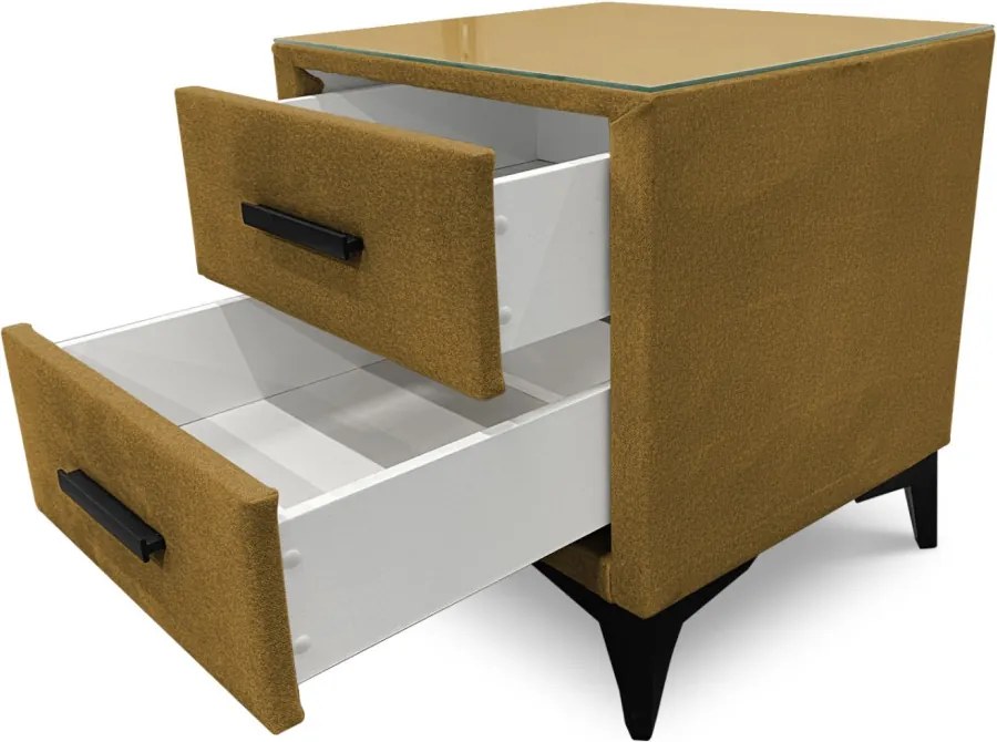 Nočný stolík s 2 zásuvkami Joy, horčicovo žltá látka