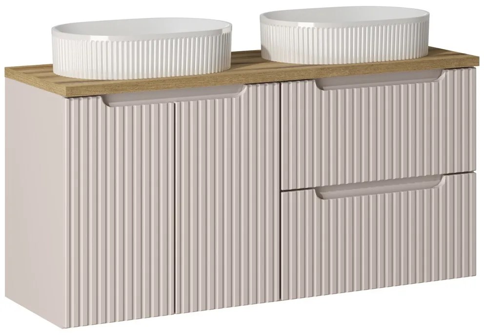 Závesná skrinka Nova Cashmere Beyond s doskou a umývadlami 120 cm kašmírová/dub evoke